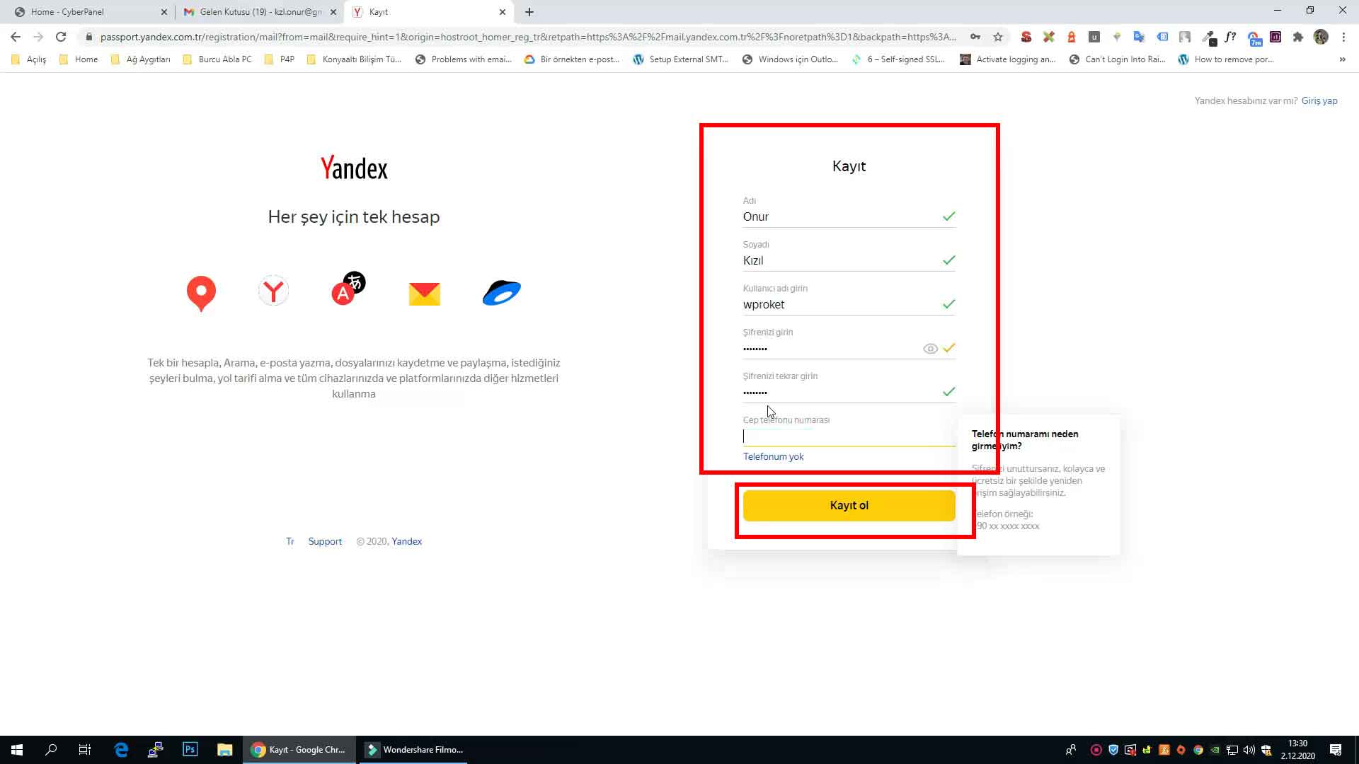 Yandex hesap oluşturma